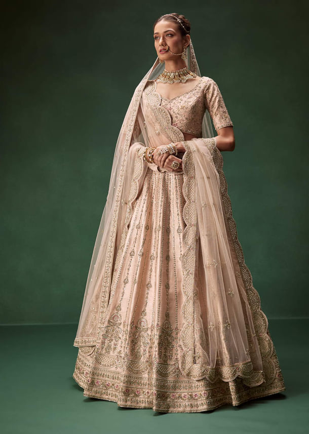 Pastel Pink Bridal Lehenga With Fully Embroidered Blouse And Layered Dupattas