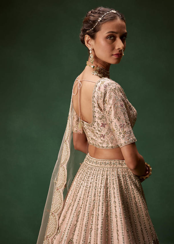 Pastel Pink Bridal Lehenga With Fully Embroidered Blouse And Layered Dupattas