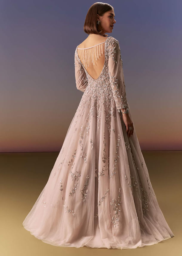 Pastel Pink Embroidered Gown With Full Sleeves Pastel Pink Embroidered Gown With Full Sleeves