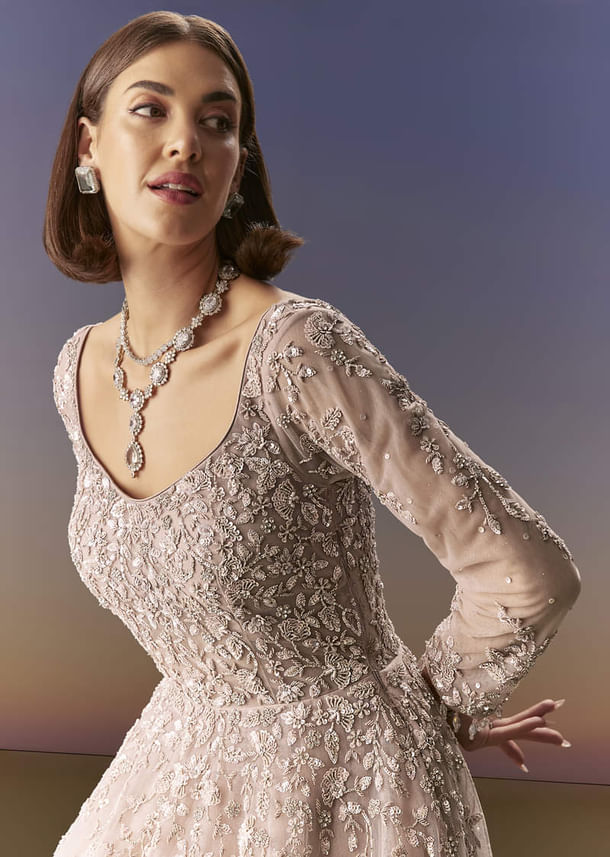 Pastel Pink Embroidered Gown With Full Sleeves Pastel Pink Embroidered Gown With Full Sleeves