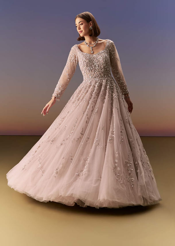 Pastel Pink Embroidered Gown With Full Sleeves Pastel Pink Embroidered Gown With Full Sleeves