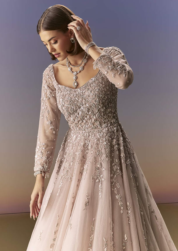 Pastel Pink Embroidered Gown With Full Sleeves Pastel Pink Embroidered Gown With Full Sleeves