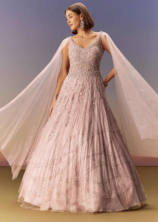Pastel Pink Gown With Embellished Shoulder Cape Trails Pastel Pink Gown With Embellished Shoulder Cape Trails