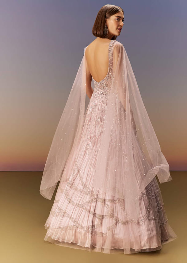 Pastel Pink Gown With Embellished Shoulder Cape Trails Pastel Pink Gown With Embellished Shoulder Cape Trails