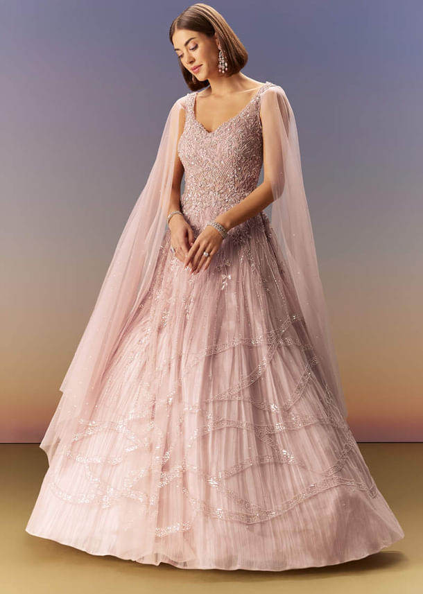 Pastel Pink Gown With Embellished Shoulder Cape Trails Pastel Pink Gown With Embellished Shoulder Cape Trails