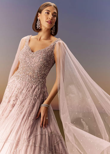 Pastel Pink Gown With Embellished Shoulder Cape Trails