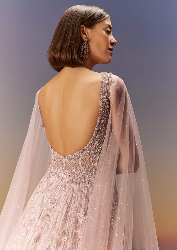 Pastel Pink Gown With Embellished Shoulder Cape Trails Pastel Pink Gown With Embellished Shoulder Cape Trails