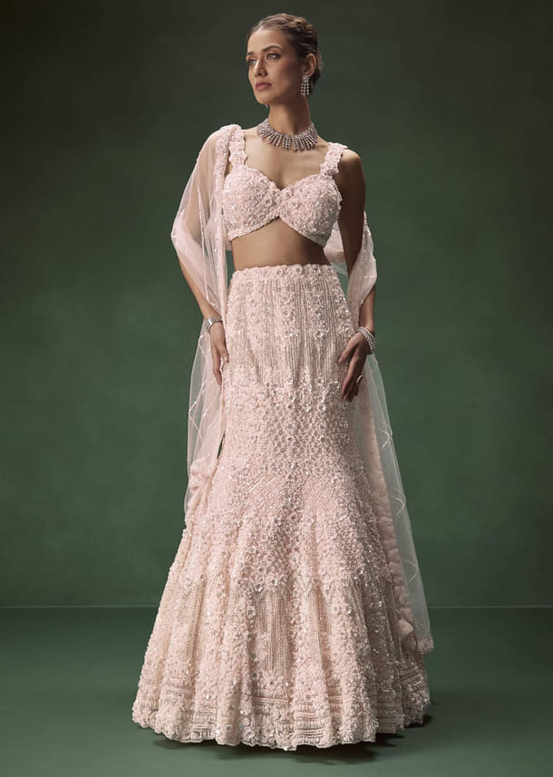 Pastel Pink Mermaid Bridal Lehenga With Intricate Embellishments