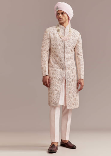 Pastel Pink Silk Sherwani For Groom With Intricate Embroidery