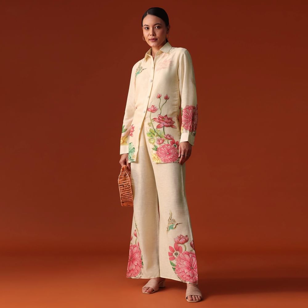 Pastel Floral Printed Sequin Work Cotton Co Ord Set