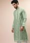 Pastel Green Kurta Set In Raw Silk With Resham And Mirror Embroidered Floral Motifs In Linear Design