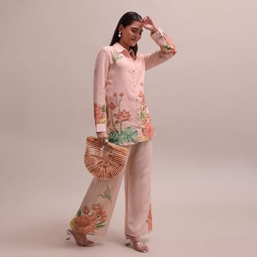 Pastel Peach Floral Printed And Sequin Worked Linen Co-ord Set For Summer