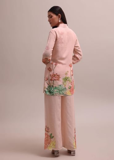 Pastel Peach Floral Printed And Sequin Worked Linen Co-ord Set For Summer