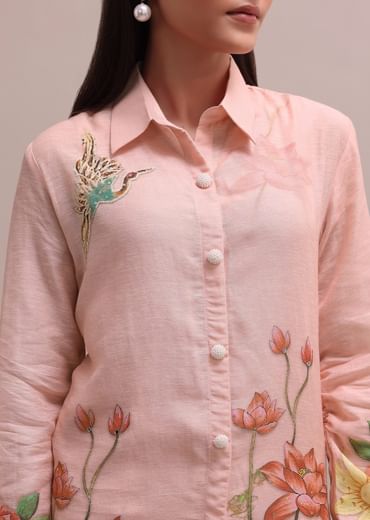 Pastel Peach Floral Printed And Sequin Worked Linen Co-ord Set For Summer