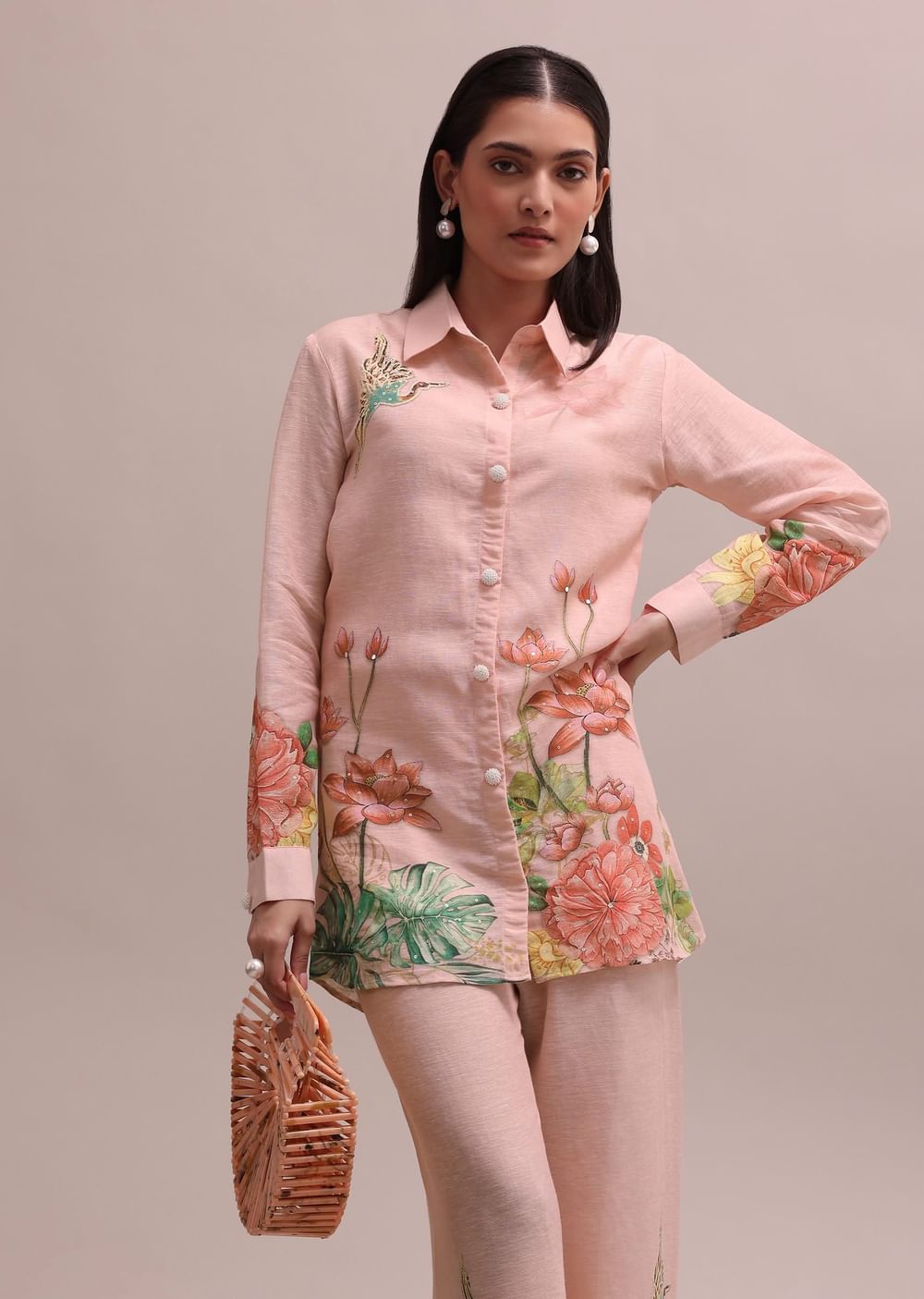 Pastel Peach Floral Printed And Sequin Worked Linen Co-ord Set For Summer