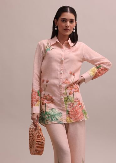 Pastel Peach Floral Printed And Sequin Worked Linen Co-ord Set For Summer