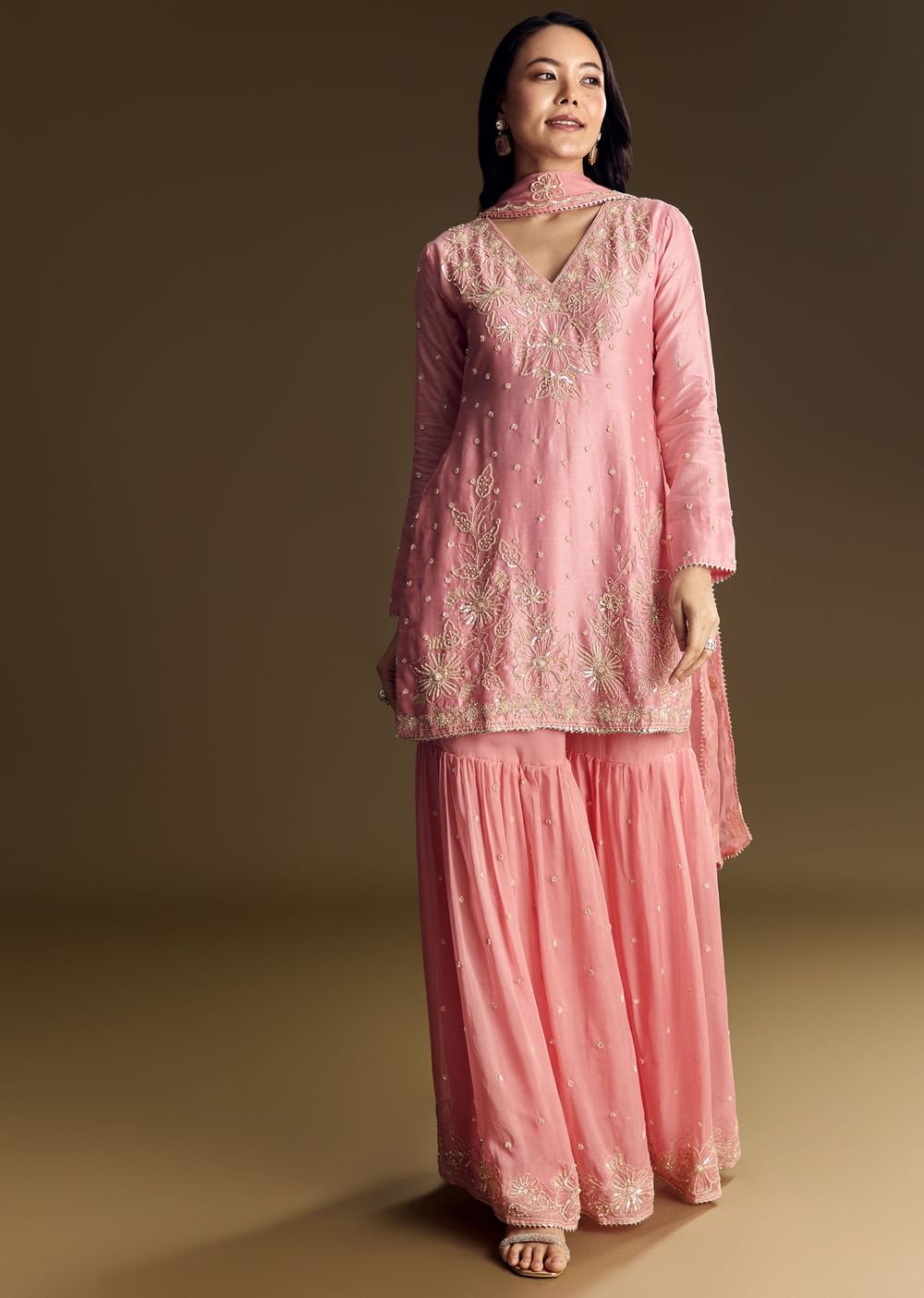 Pastel Pink Chanderi Sharara Suit With Cut Dana Sequins