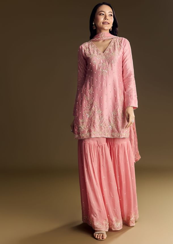Pastel Pink Chanderi Sharara Suit With Cut Dana Sequins