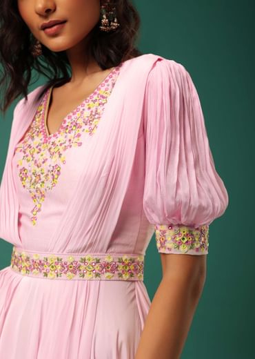 Pastel Pink Embroidered Jumpsuit in Crepe With Mirror Work