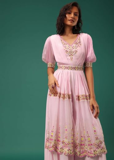 Pastel Pink Embroidered Jumpsuit in Crepe With Mirror Work