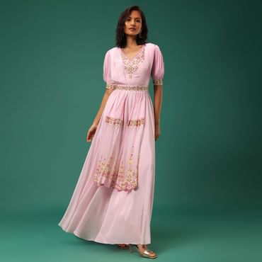 Pastel Pink Embroidered Jumpsuit in Crepe With Mirror Work