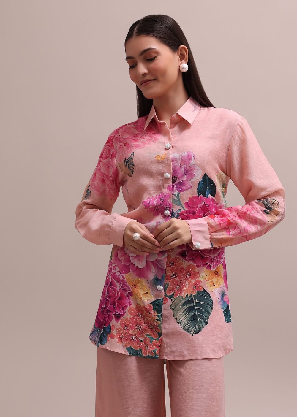 Pastel Pink Linen Co-ord Set With Floral Prints And Sequin Work For Summer
