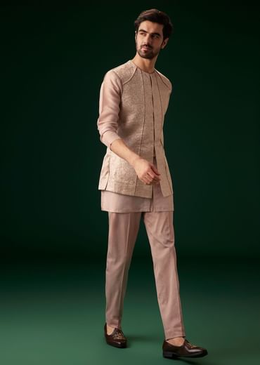 Peach Banarasi Silk Kurta Jacket Set