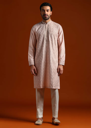 Peach Banarasi Silk Kurta Set For Men With Heavy Hand Embroidery
