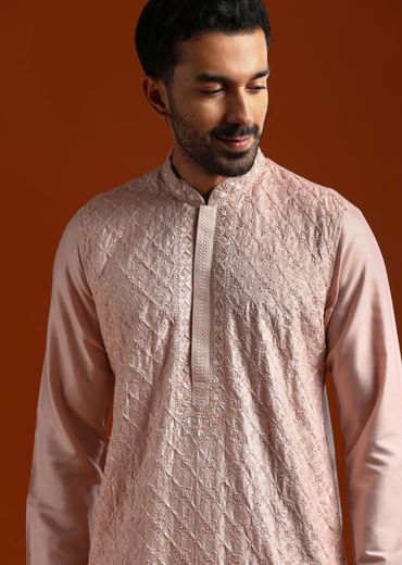 Peach Banarasi Silk Kurta Set For Men With Heavy Hand Embroidery