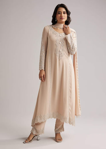 Soft Peach Beaded Kurti Pant Set With Dupatta