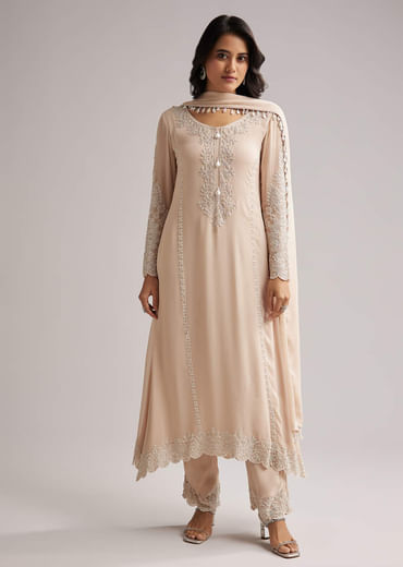 Soft Peach Beaded Kurti Pant Set With Dupatta