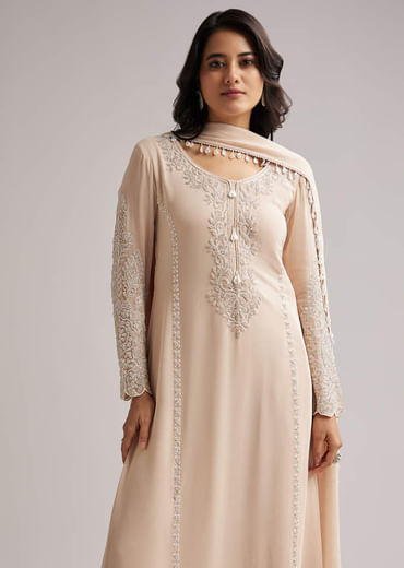 Soft Peach Beaded Kurti Pant Set With Dupatta
