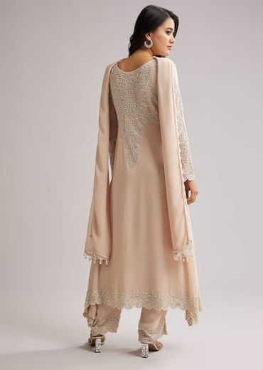 Soft Peach Beaded Kurti Pant Set With Dupatta