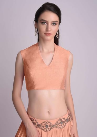 Peach Blouse In Raw Silk With V Neckline