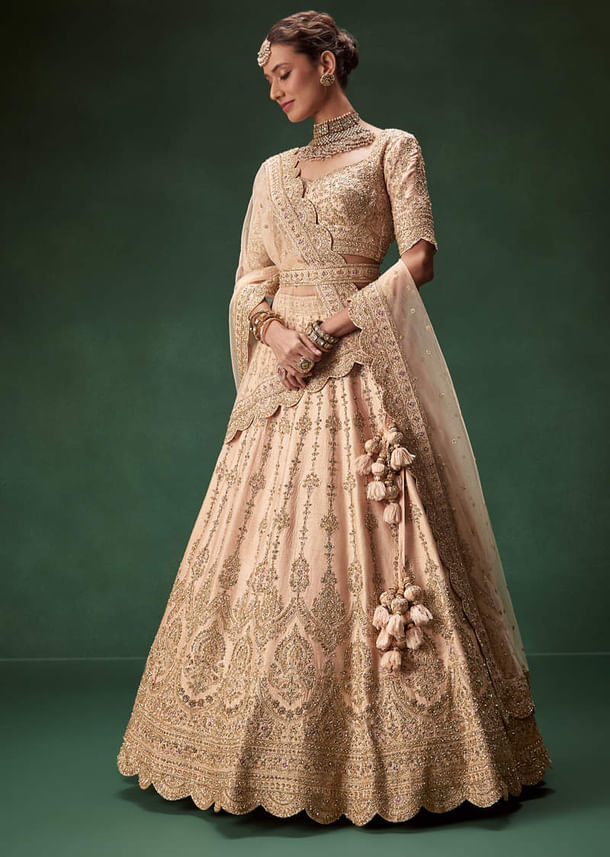 Peach Bridal Lehenga With Regal Embroidery And Single Dupatta Drape