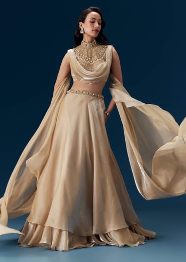 Peach Bridesmaid Organza Lehega with Cape