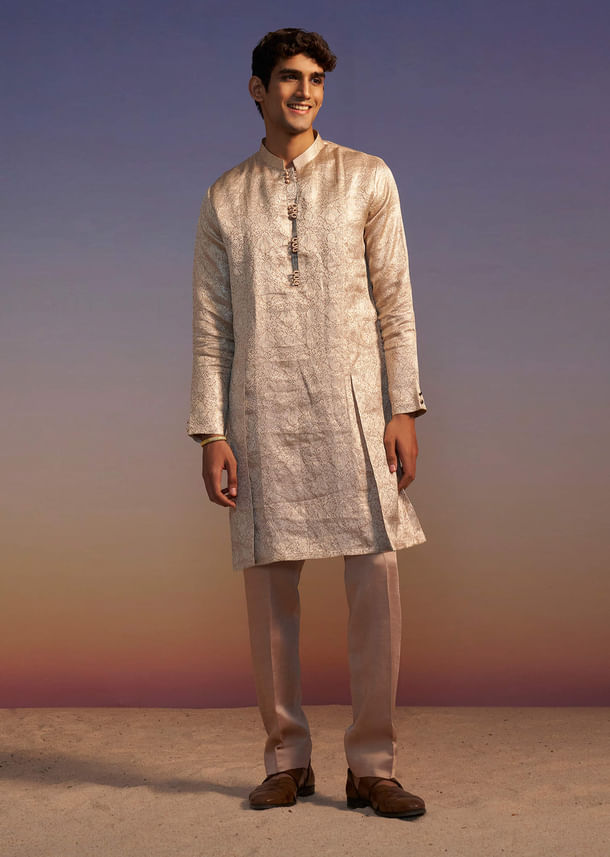Peach Brocade Kurta Set With Self Work Peach Brocade Kurta Set With Self Work
