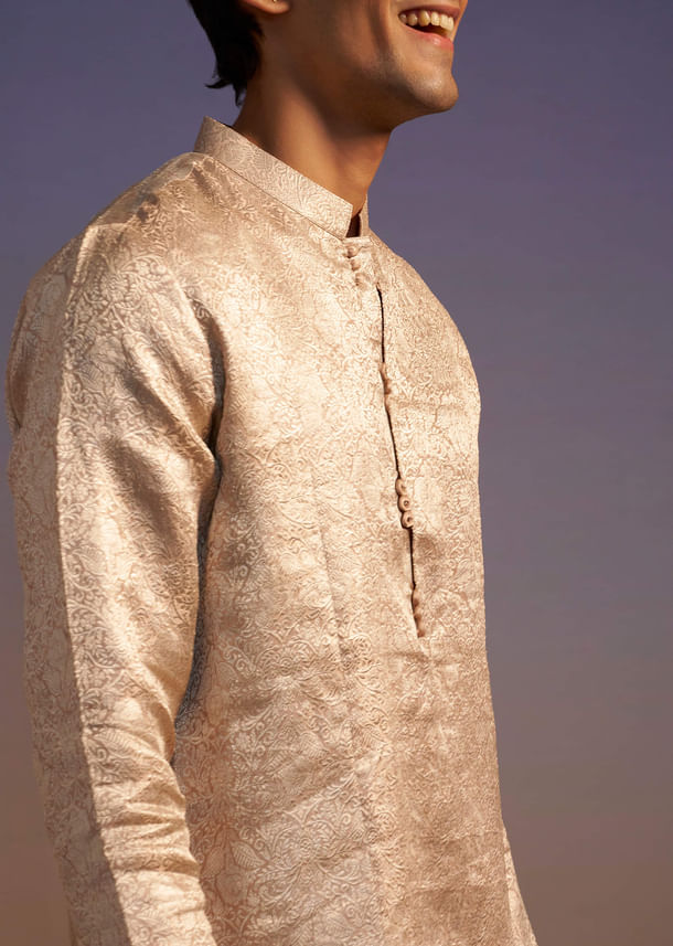 Peach Brocade Kurta Set With Self Work Peach Brocade Kurta Set With Self Work