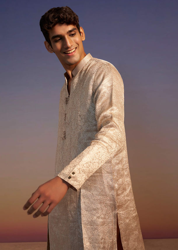 Peach Brocade Kurta Set With Self Work Peach Brocade Kurta Set With Self Work