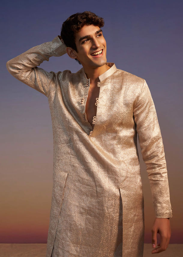 Peach Brocade Kurta Set With Self Work Peach Brocade Kurta Set With Self Work