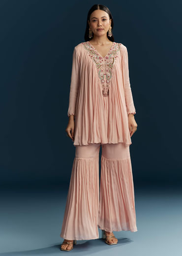 Peach Chinon Indo Western Top And Sharara Set With Zardosi Work