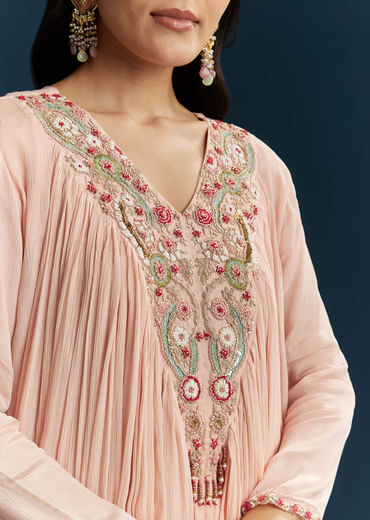 Peach Chinon Indo Western Top And Sharara Set With Zardosi Work