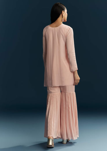 Peach Chinon Indo Western Top And Sharara Set With Zardosi Work