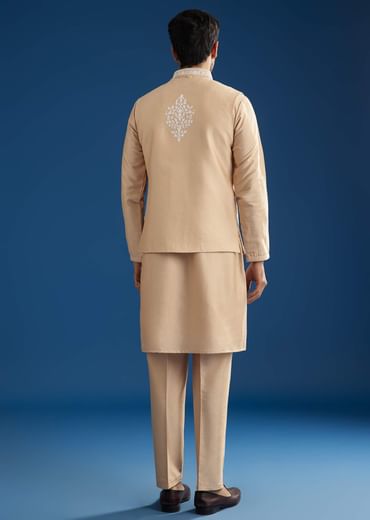 Peach Cotton Silk Jacket Kurta Set With Mirror And Dori Work