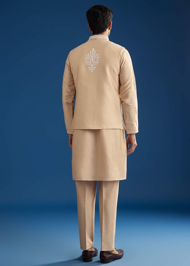 Peach Cotton Silk Jacket Kurta Set With Mirror And Dori Work