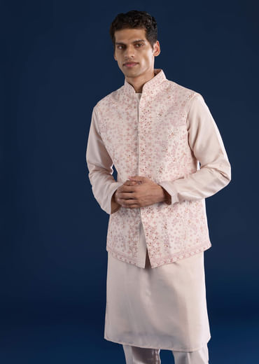 Peach Cotton Silk Jacket Kurta Set with Mirror Work