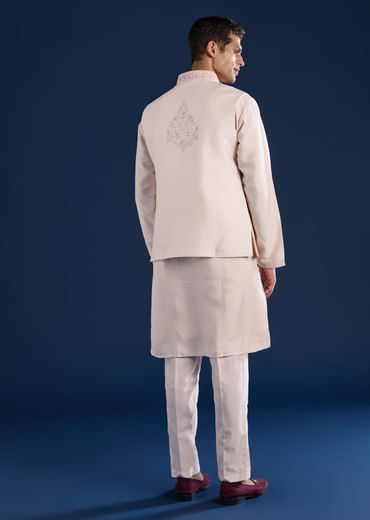 Peach Cotton Silk Jacket Kurta Set with Mirror Work
