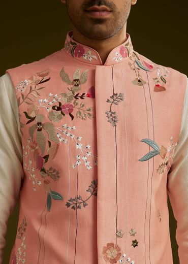 Peach Cotton Silk Kurta Set With Aari Work Jacket