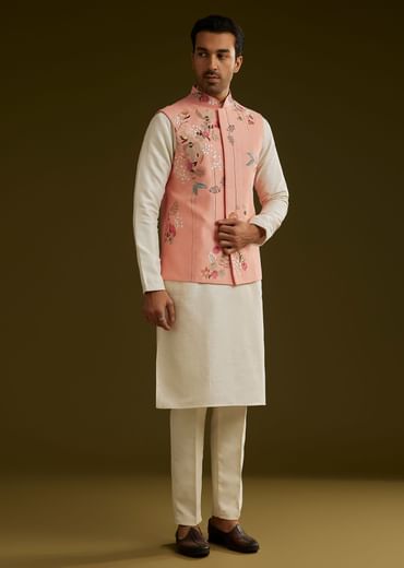 Peach Cotton Silk Kurta Set With Aari Work Jacket