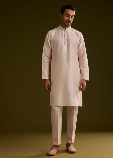 Peach Cotton Silk Kurta Set With Geometric Threadwork Jacket